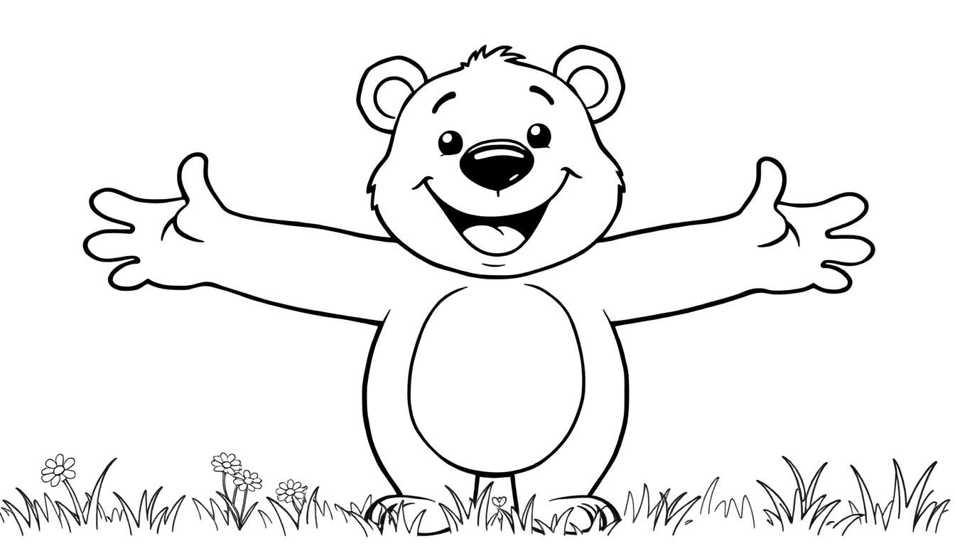 Placa de color: Oso de peluche amigable listo para colorear, con los brazos extendidos para dar un abrazo.