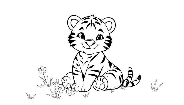 Un dibujo de un tierno cachorro de tigre listo para ser coloreado en la placa de color.