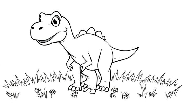 Un dibujo de velociraptor caricaturesco para colorear, con contornos gruesos y expresivos ojos redondos, sobre un fondo de hierba y flores.