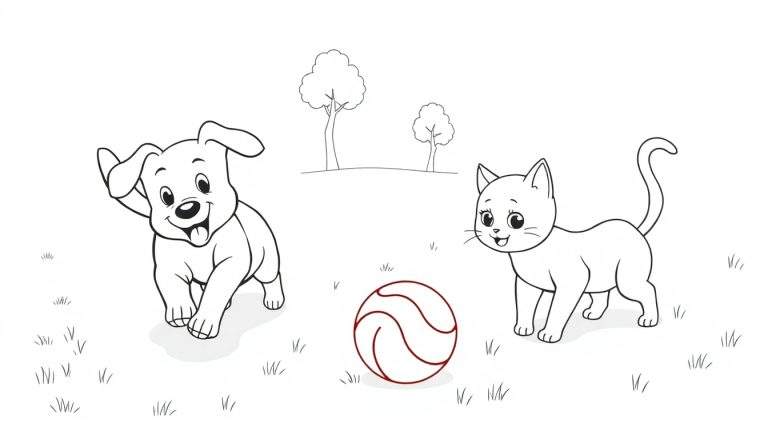 Placa de color: Un perro y un gato jugando a la pelota en un campo verde.