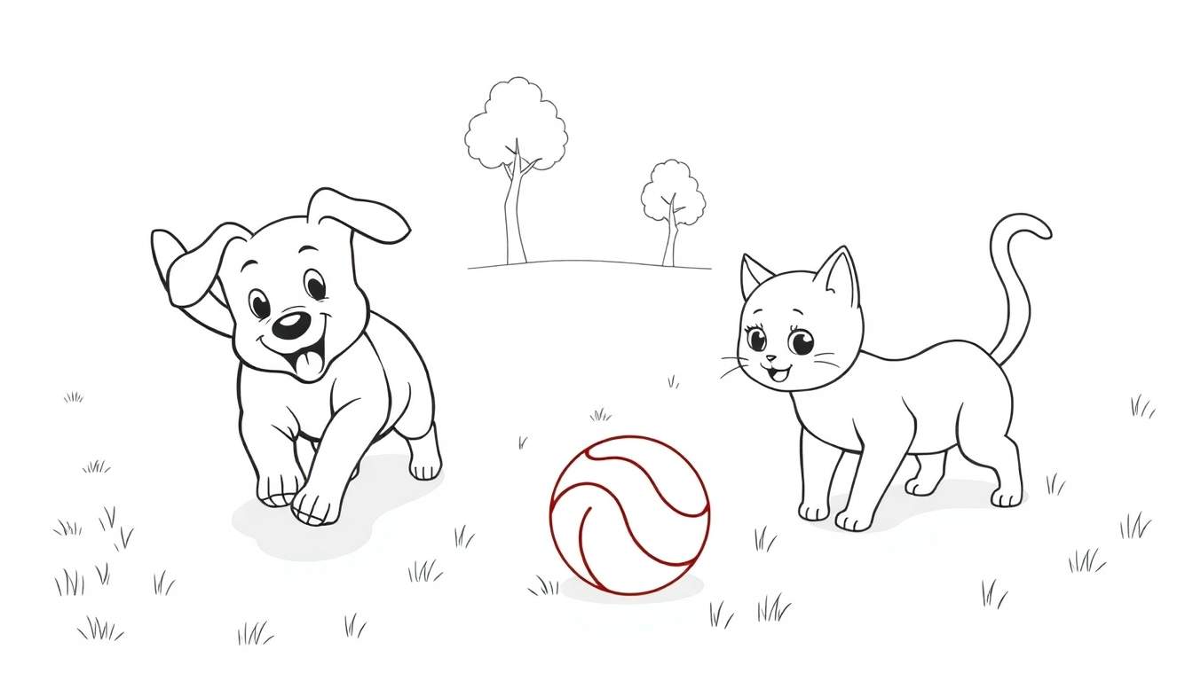 Placa de color: Un perro y un gato jugando a la pelota en un campo verde.