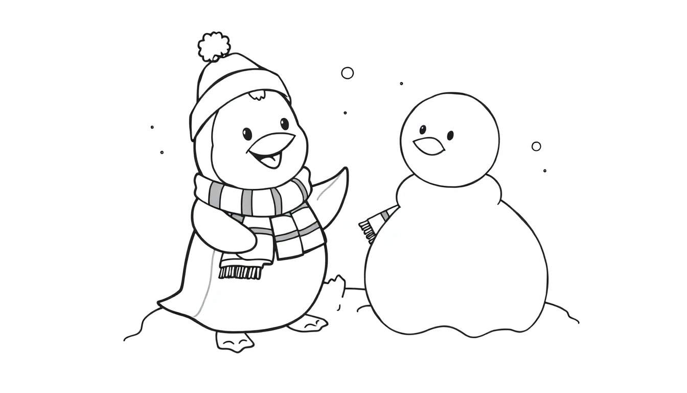 Placa de color para niños: un pingüino amigable saludando junto a un muñeco de nieve, con copos de nieve cayendo.