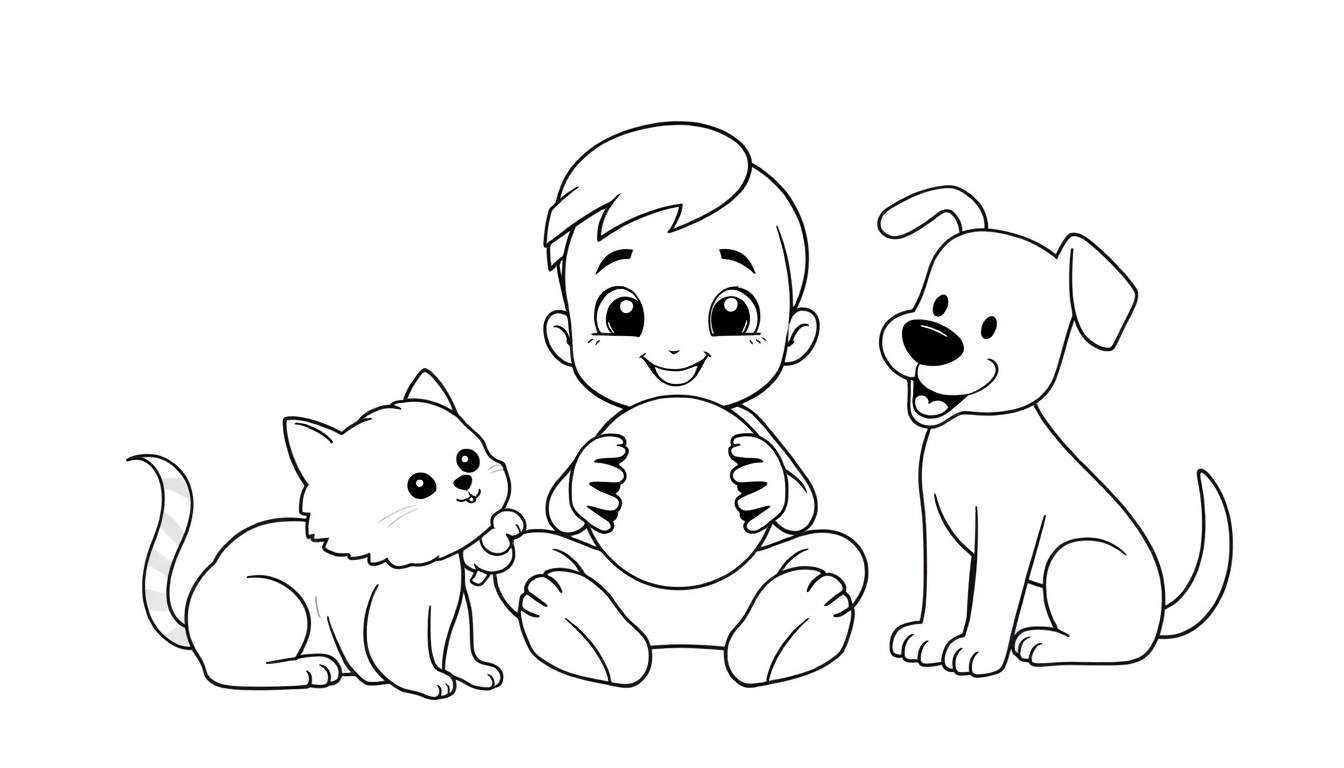 Placa de color para niños de un adorable personaje de Toca Boca jugando con un gato y un perro.