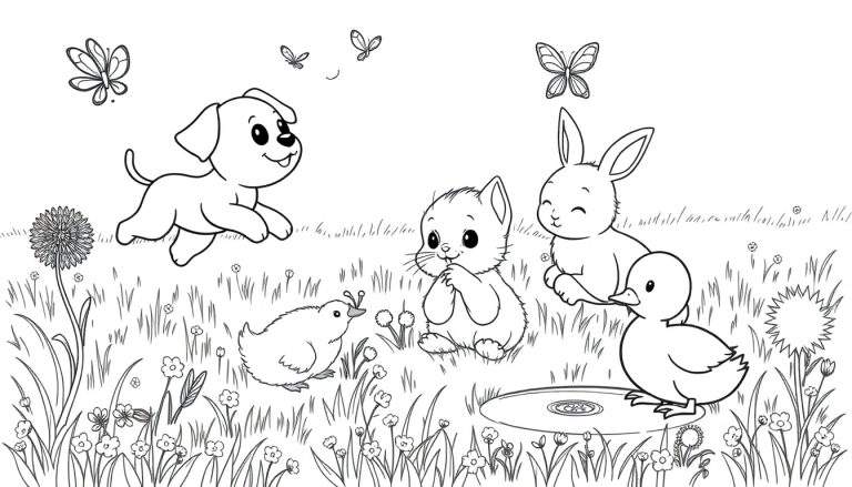 Placa de color en blanco y negro de adorables crías de animales jugando juntos en un campo soleado.