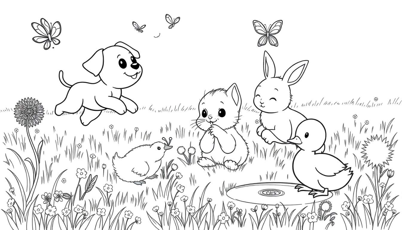 Placa de color en blanco y negro de adorables crías de animales jugando juntos en un campo soleado.