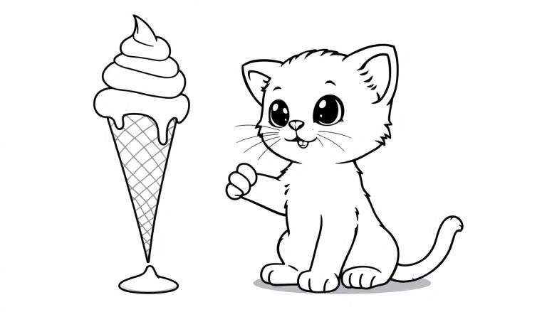 Placa de color de un gatito adorable saludando a un gran cono de helado.