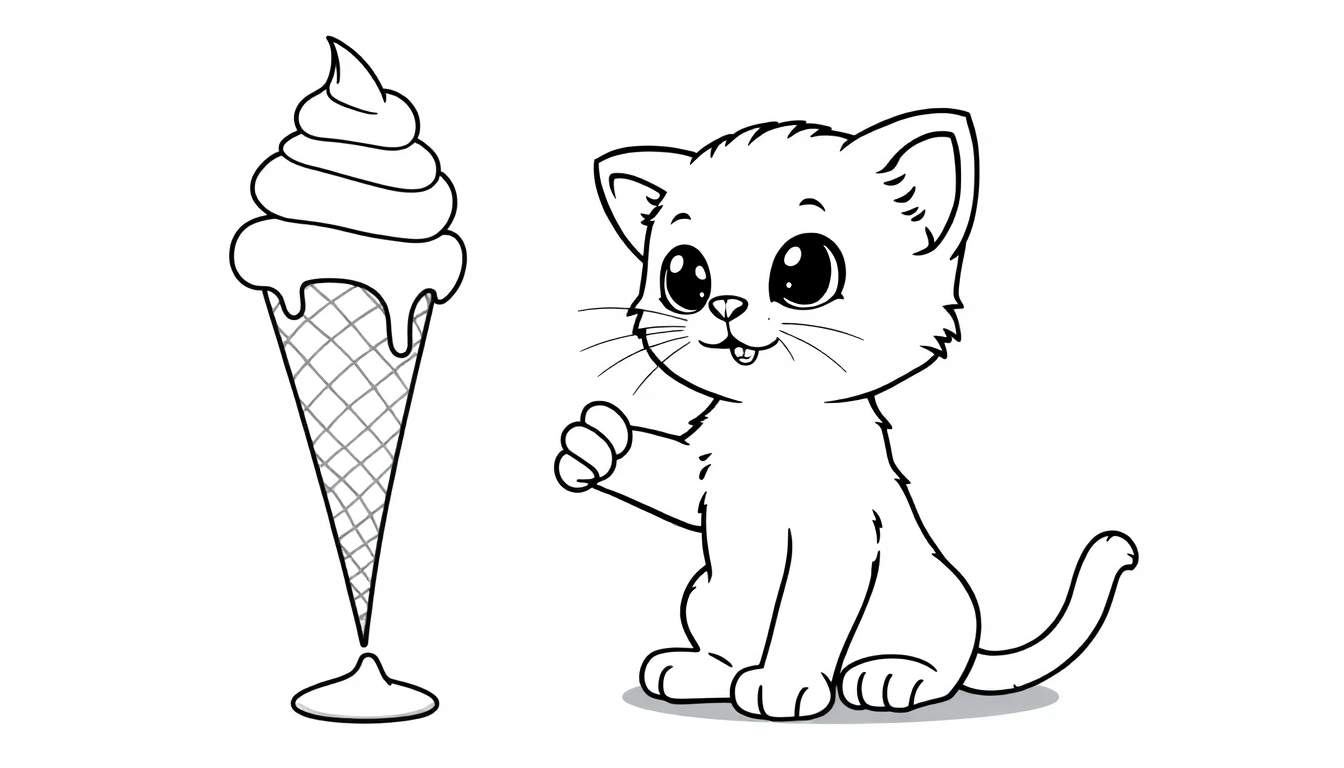 Placa de color de un gatito adorable saludando a un gran cono de helado.