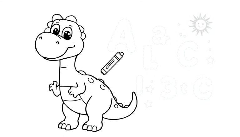 Dinosaurio de dibujos animados sonriente aprendiendo con un lápiz de color y el abecedario y números, página de placa de color.
