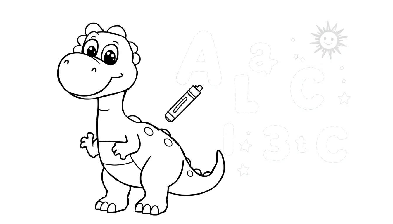Dinosaurio de dibujos animados sonriente aprendiendo con un lápiz de color y el abecedario y números, página de placa de color.