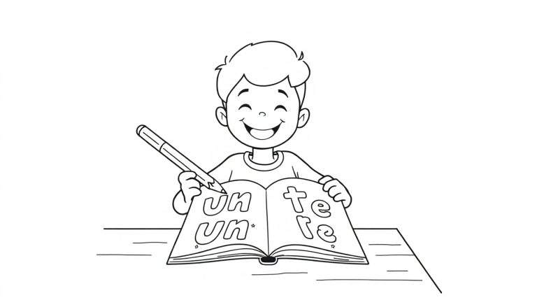 Placa de color: un niño sonriente coloreando letras en su cuaderno con un lápiz.