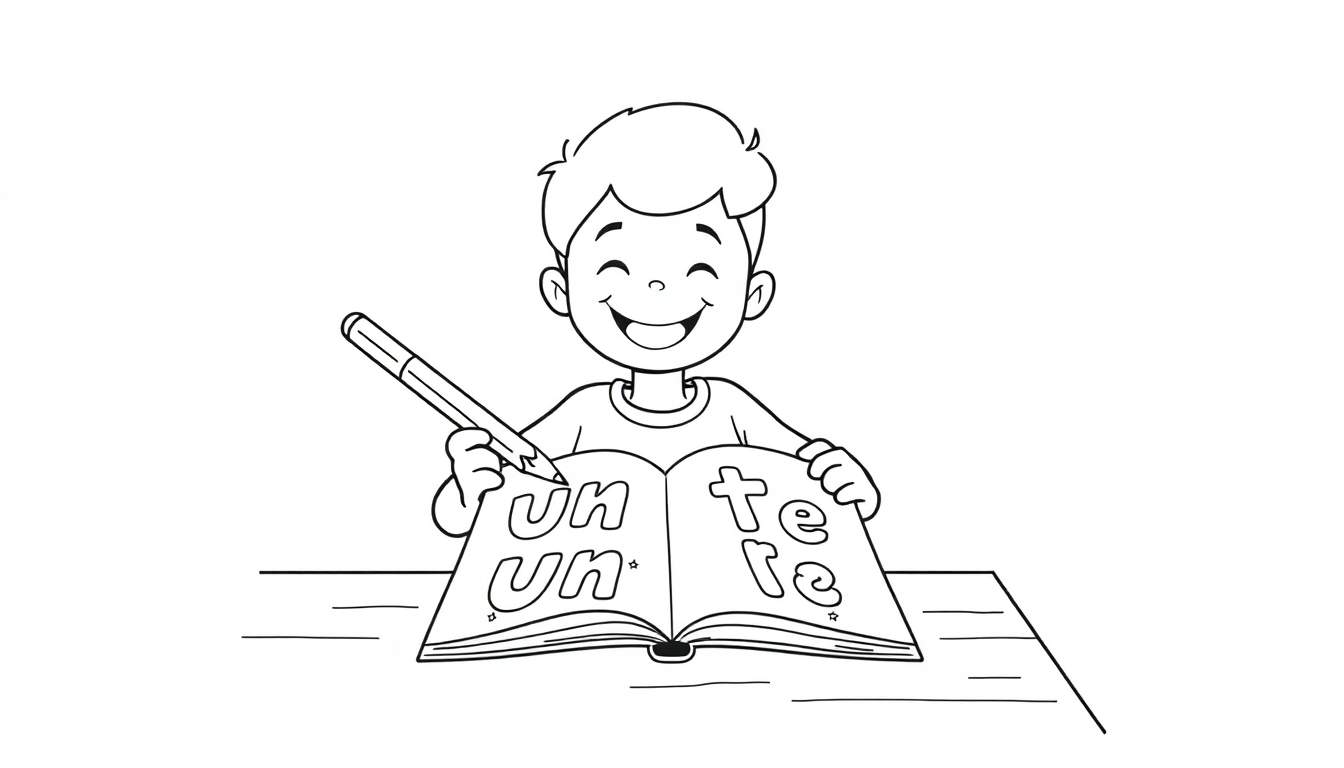 Placa de color: un niño sonriente coloreando letras en su cuaderno con un lápiz.