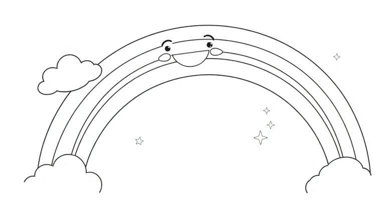 Placa de color de un arcoíris sonriente con nubes y estrellas