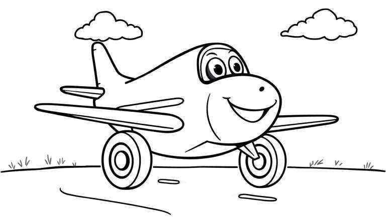 Un avión de dibujos animados en blanco y negro, listo para ser coloreado, con una cara sonriente, sobre una pista de aterrizaje y nubes en el fondo.