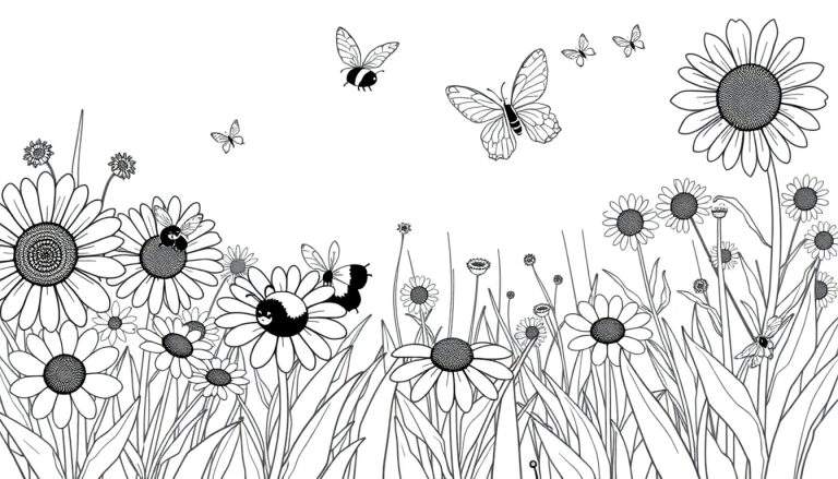 Placa de color de un campo de flores con abejas y mariposas