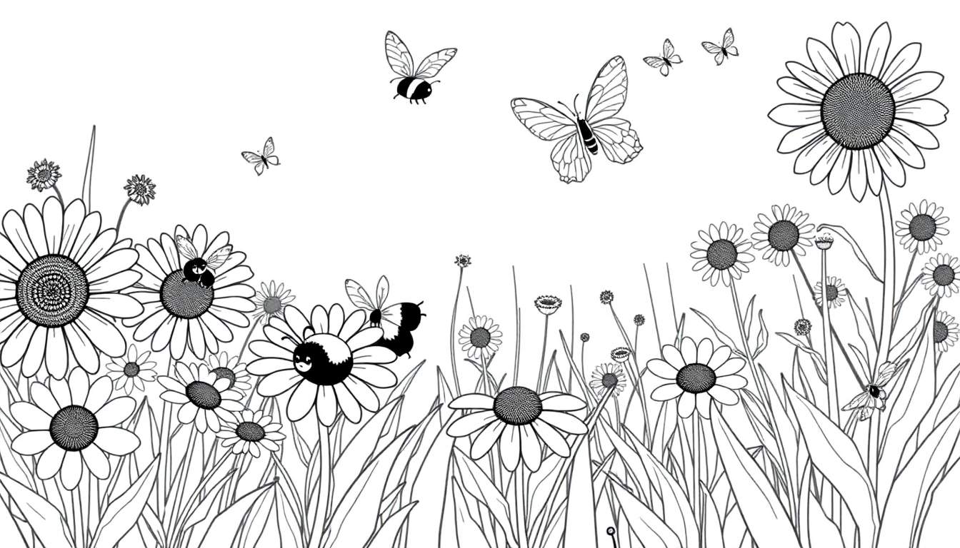 Placa de color de un campo de flores con abejas y mariposas