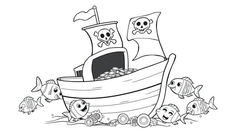 Placa de color: Un barco pirata con calaveras en las velas y monedas de oro en la cubierta, rodeado de peces amigables.