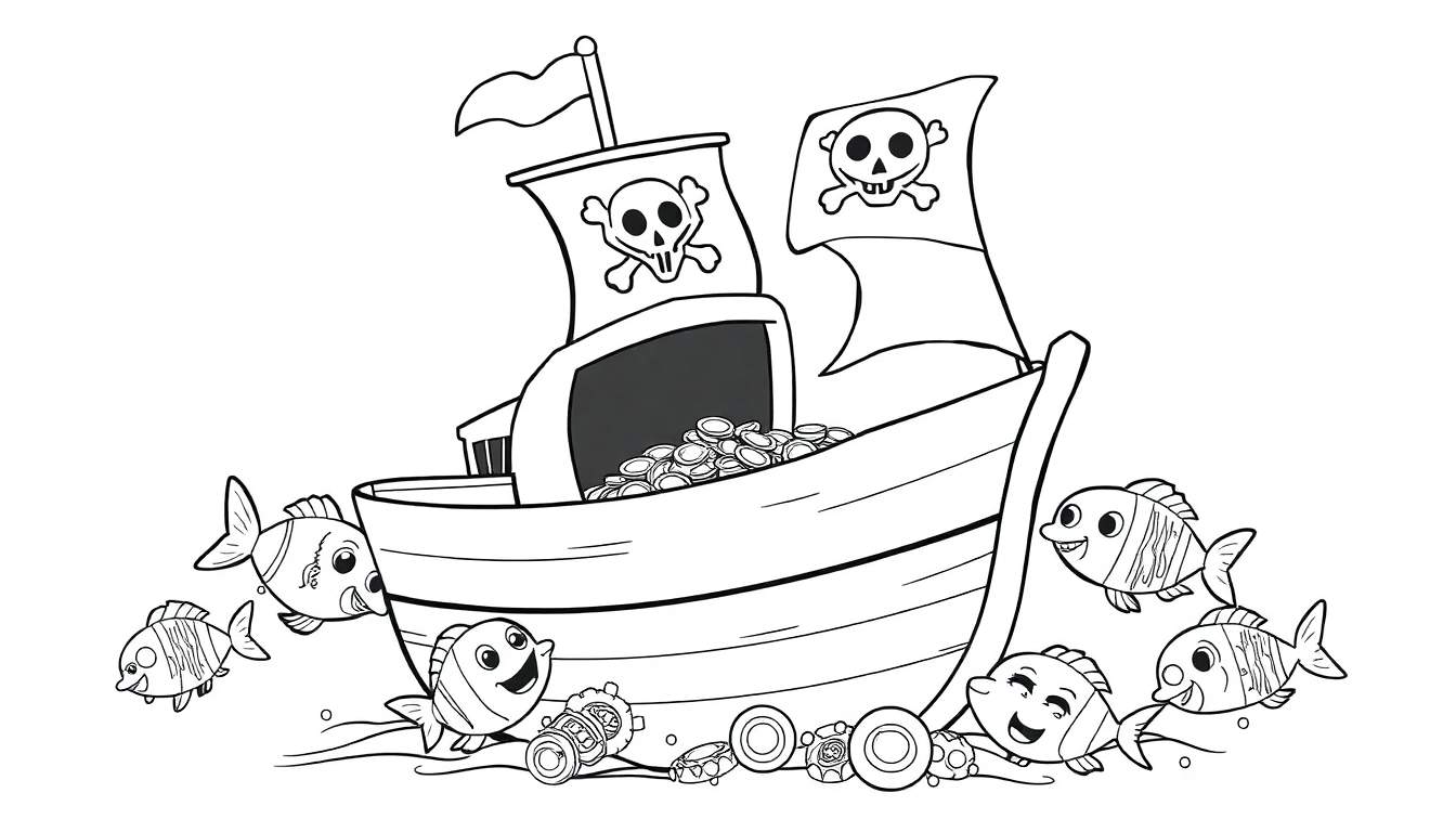 Placa de color: Un barco pirata con calaveras en las velas y monedas de oro en la cubierta, rodeado de peces amigables.