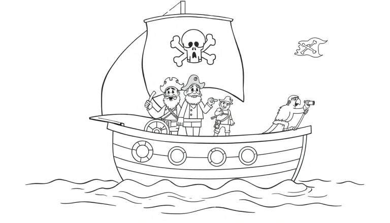 Un barco pirata dibujado en blanco y negro con una calavera en la vela y piratas y un loro buscando el horizonte con un telescopio, listo para ser coloreado con una placa de color.