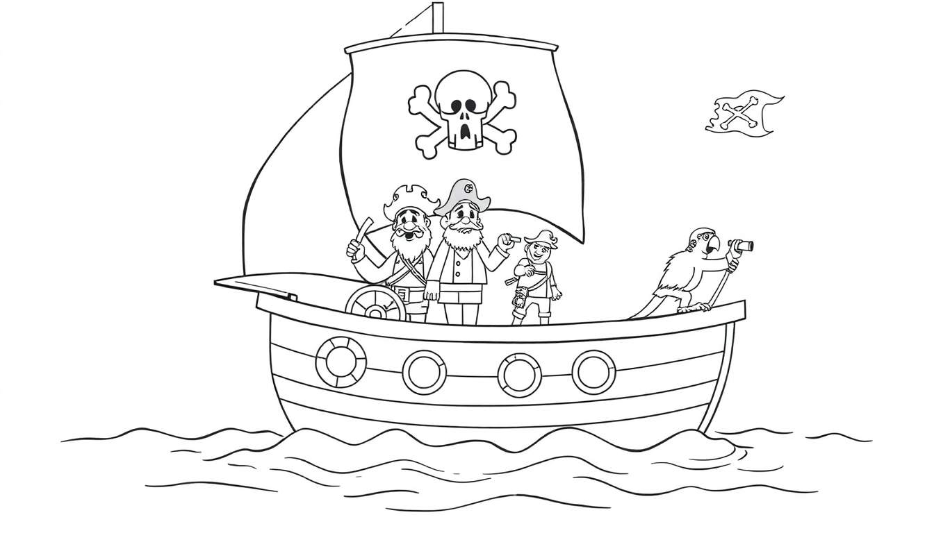 Un barco pirata dibujado en blanco y negro con una calavera en la vela y piratas y un loro buscando el horizonte con un telescopio, listo para ser coloreado con una placa de color.