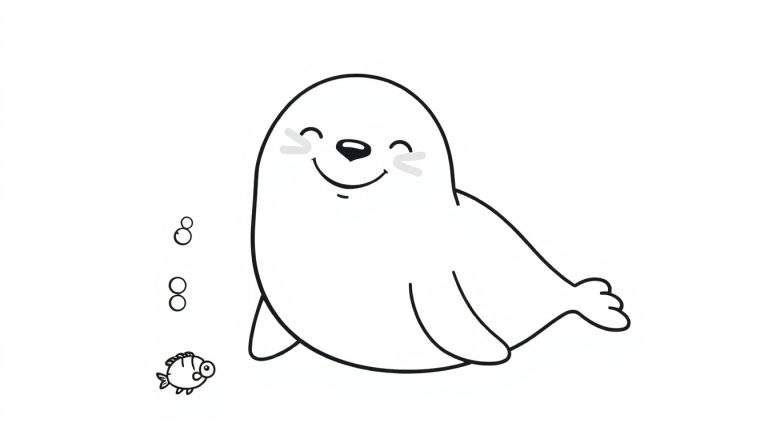 Placa de color de una foca sonriente con un pez y burbujas.