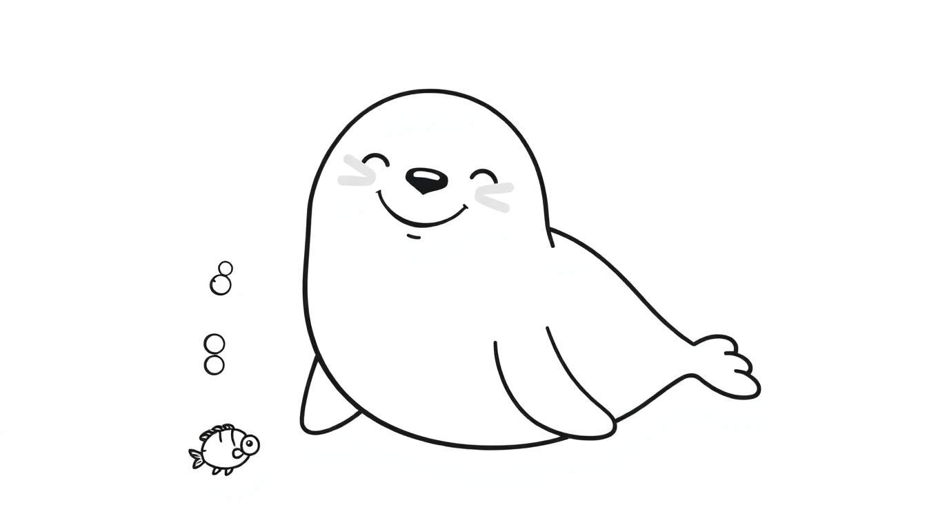 Placa de color de una foca sonriente con un pez y burbujas.