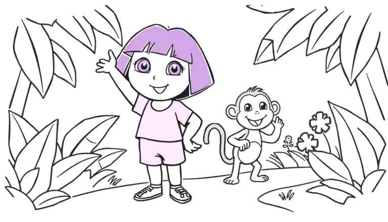 Dora y Boots saludando en la selva para colorear, placa de color.