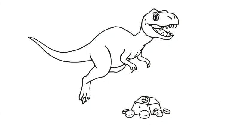 Placa de color de un velociraptor amigable listo para la aventura.