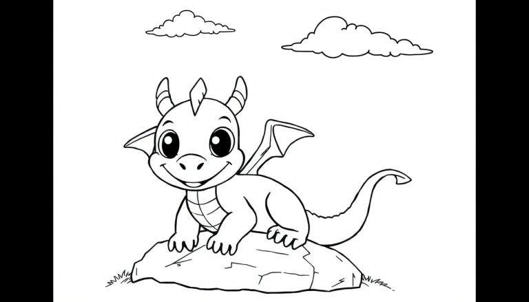 Placa de color de un dragón bebé de dibujos animados sonriente sentado en una roca.