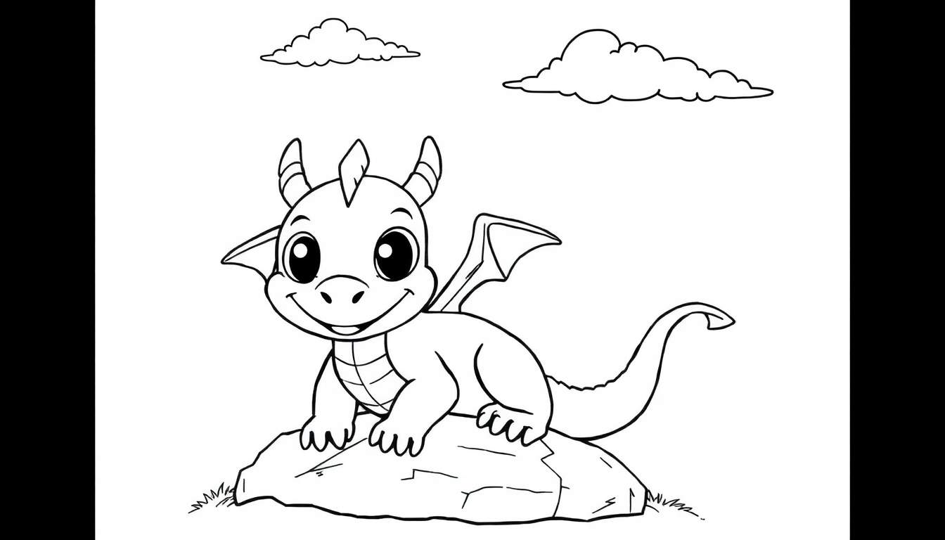 Placa de color de un dragón bebé de dibujos animados sonriente sentado en una roca.