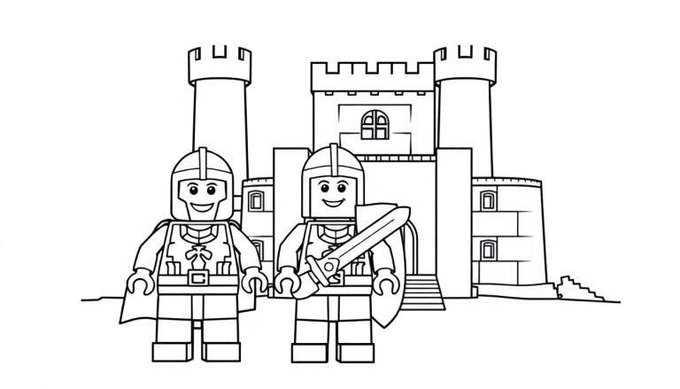 Placa de color de dos caballeros Lego sonrientes frente a un castillo Lego, lista para ser coloreada.
