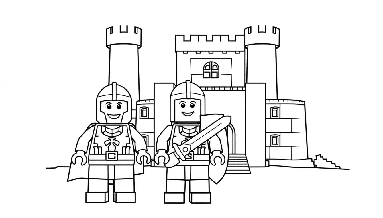 Placa de color de dos caballeros Lego sonrientes frente a un castillo Lego, lista para ser coloreada.