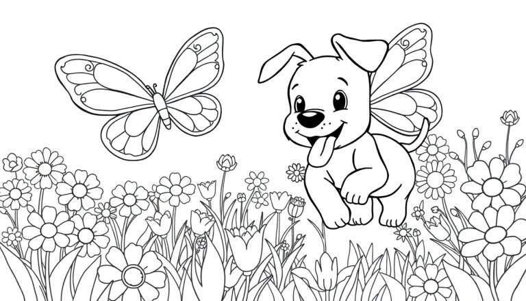 Placa de color: Un perrito juguetón con alas de mariposa persigue una mariposa en un campo de flores.