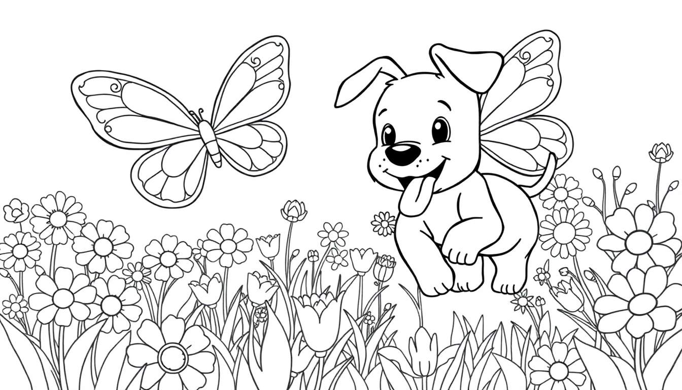 Placa de color: Un perrito juguetón con alas de mariposa persigue una mariposa en un campo de flores.