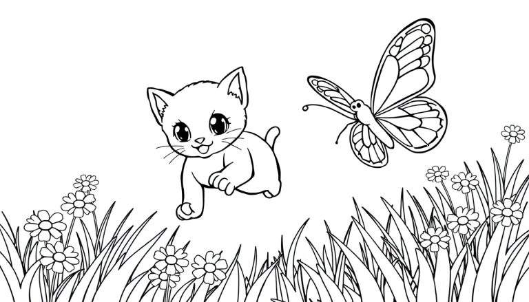 Placa de color: un gatito persigue una mariposa entre flores.