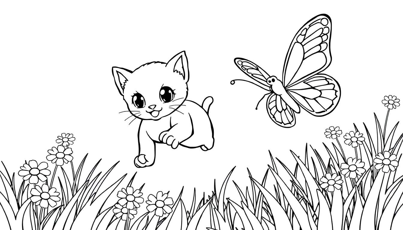 Placa de color: un gatito persigue una mariposa entre flores.