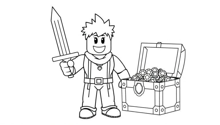 Placa de color: avatar de Roblox con espada y cofre del tesoro.