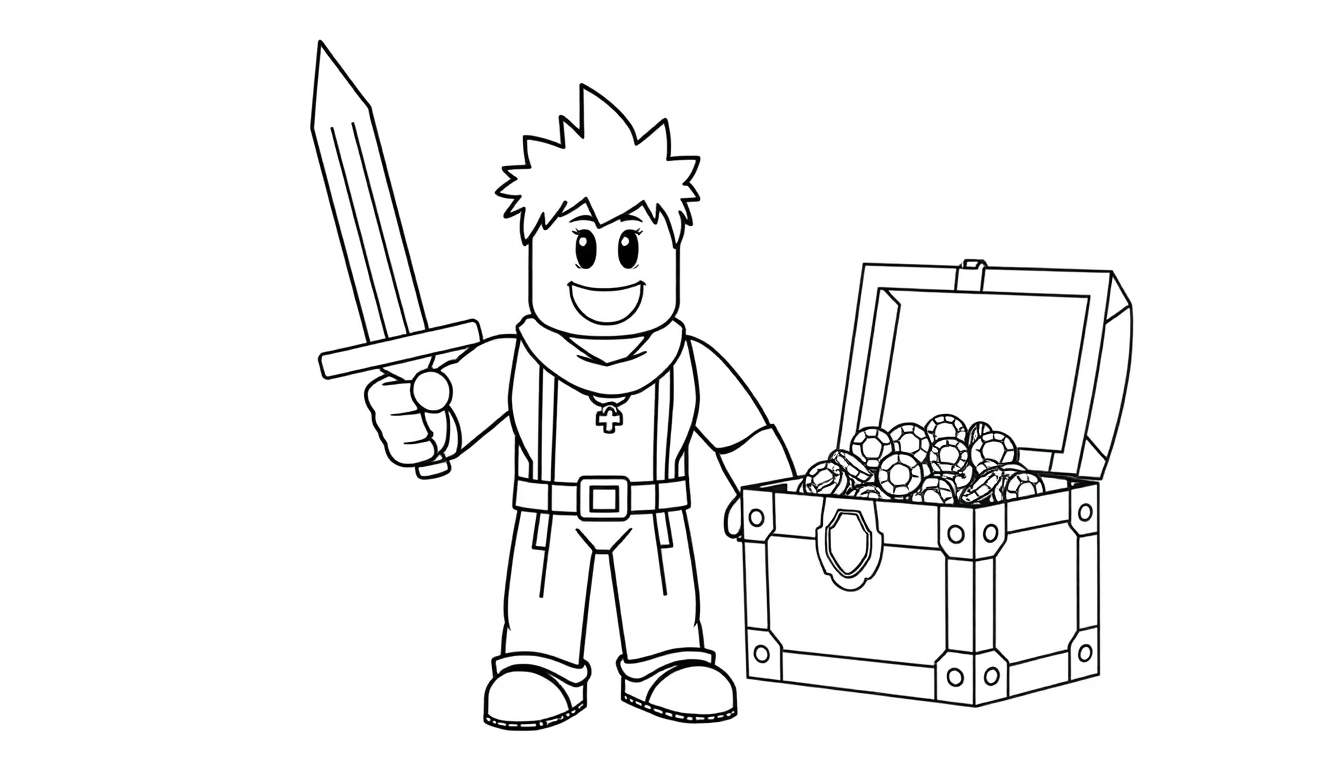 Placa de color: avatar de Roblox con espada y cofre del tesoro.
