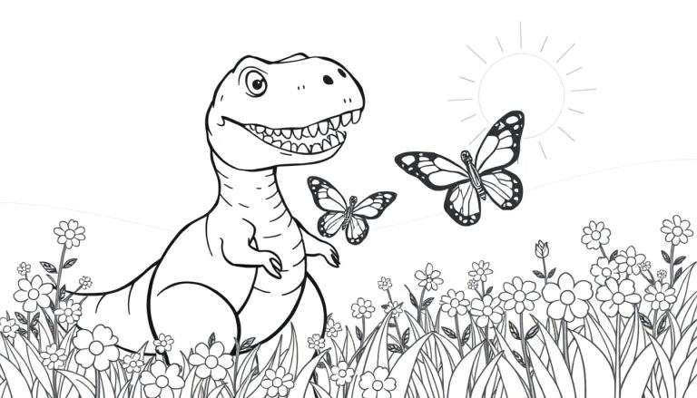 Placa de color de un T-Rex sonriente rodeado de flores y mariposas bajo un sol radiante.