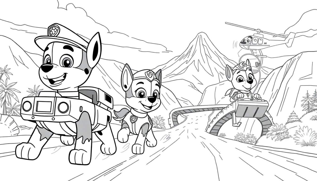 Placa de color de la Patrulla Canina con Marshall en un vehículo, Chase corriendo y Skye en un helicóptero en un paisaje montañoso.