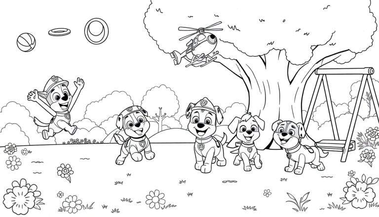 Cachorros de la Patrulla Canina jugando en el parque, listos para colorear en una placa de color.