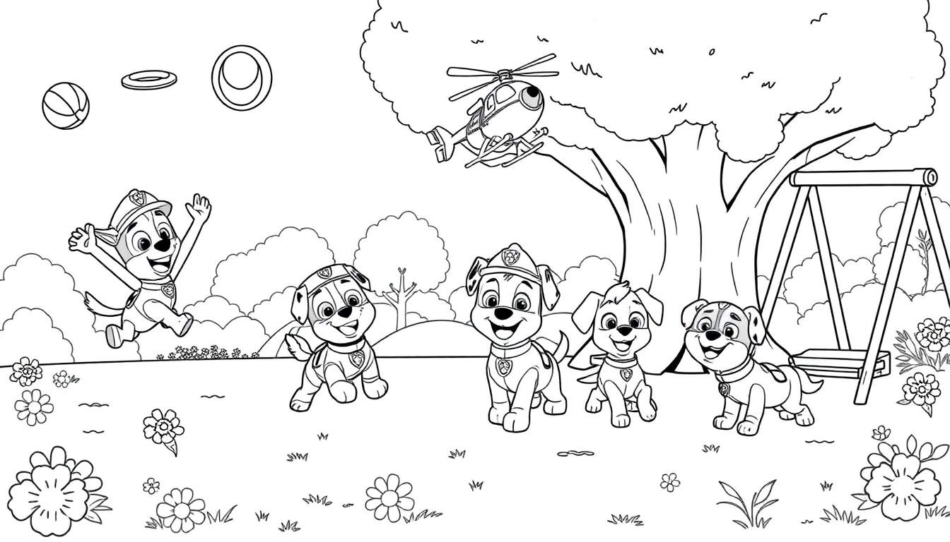 Cachorros de la Patrulla Canina jugando en el parque, listos para colorear en una placa de color.