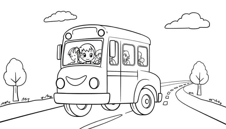 Placa de color de un autobús escolar sonriente con niños asomándose por las ventanas.