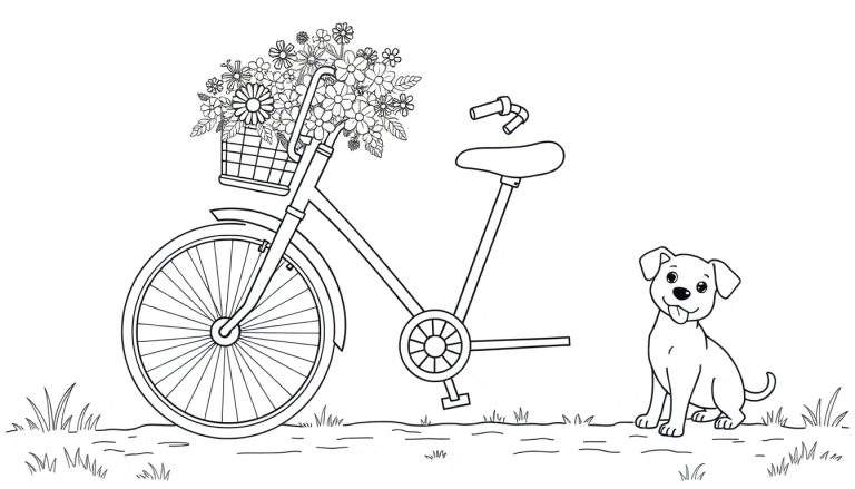 Placa de color de una bicicleta con canasta de flores y un cachorro.