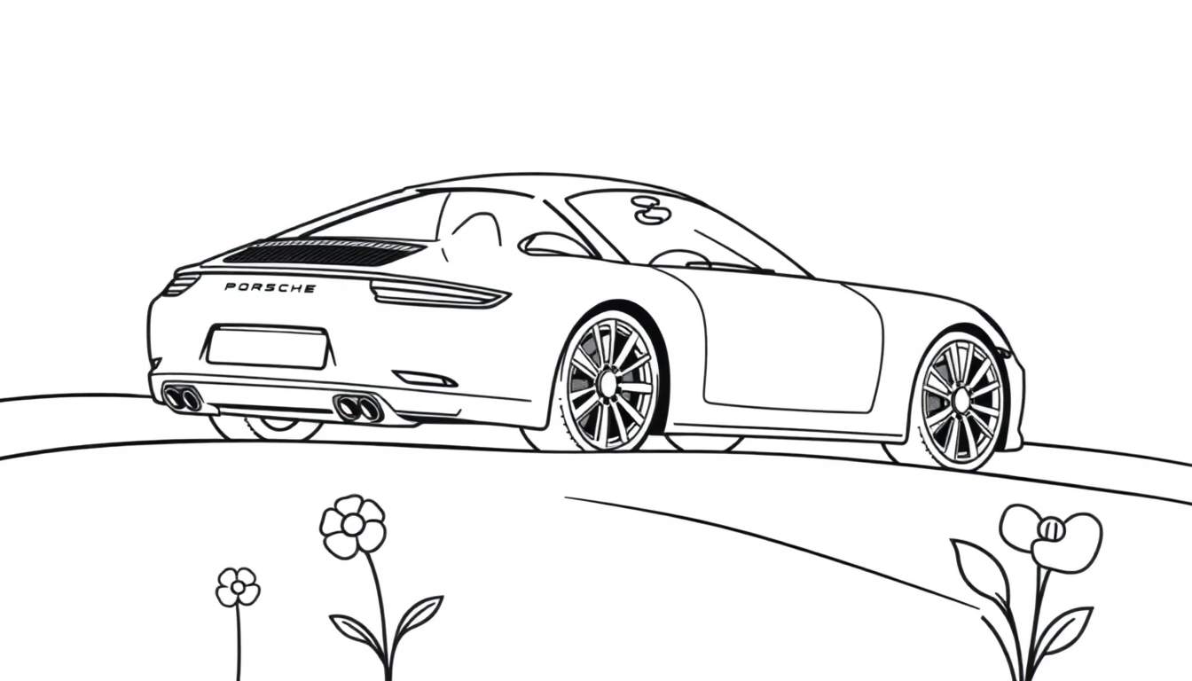 Un coche deportivo Porsche en blanco y negro para colorear, con flores de margarita en primer plano.