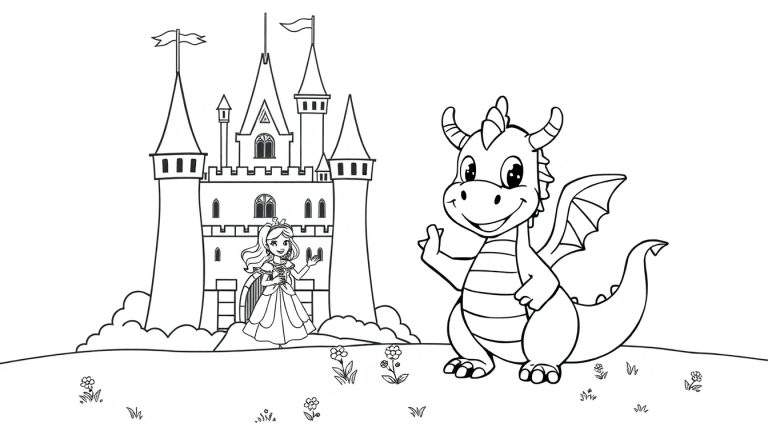 Placa de color de un castillo de cuento de hadas con una princesa y un dragón amigable.