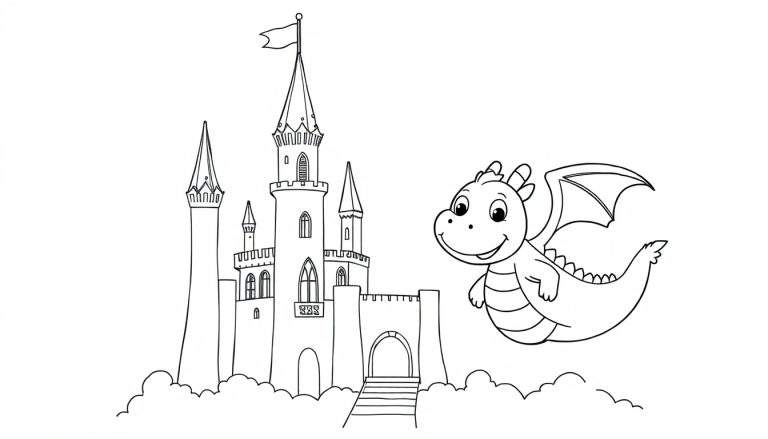 Placa de color de un castillo medieval con escalones, una puerta arqueada y una bandera ondeando, sobre nubes, con un dragón de dibujos animados volando a la derecha.