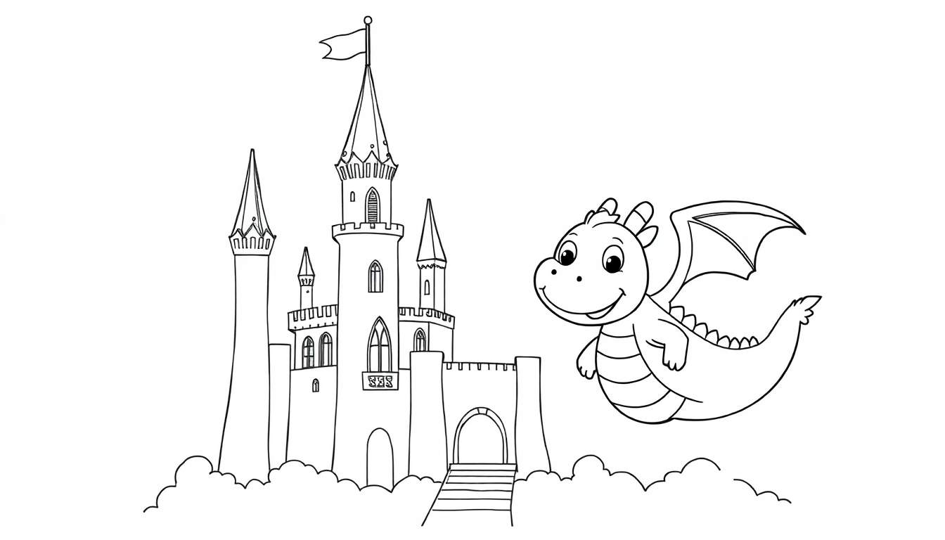 Placa de color de un castillo medieval con escalones, una puerta arqueada y una bandera ondeando, sobre nubes, con un dragón de dibujos animados volando a la derecha.