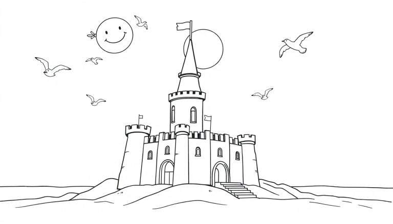 Una placa de color para colorear de un castillo en una isla con un sol sonriente y gaviotas.