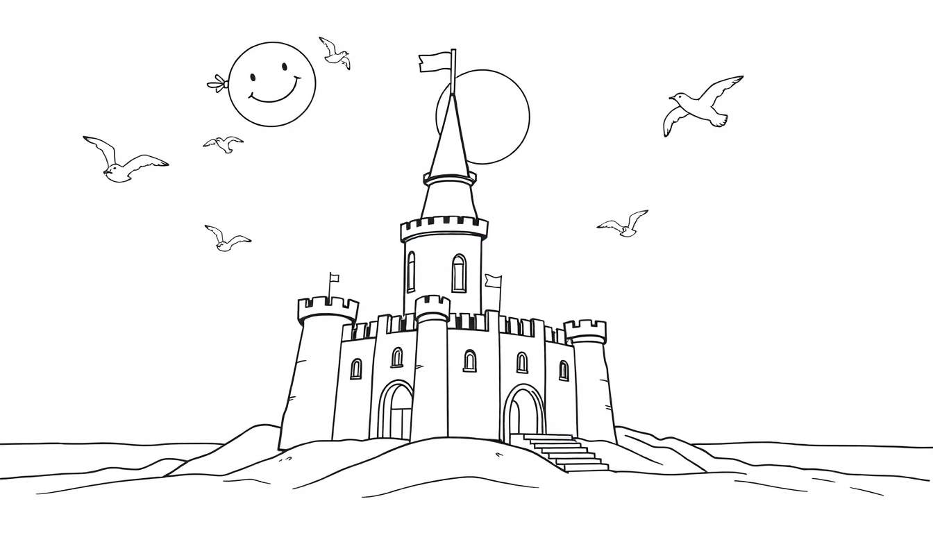 Una placa de color para colorear de un castillo en una isla con un sol sonriente y gaviotas.