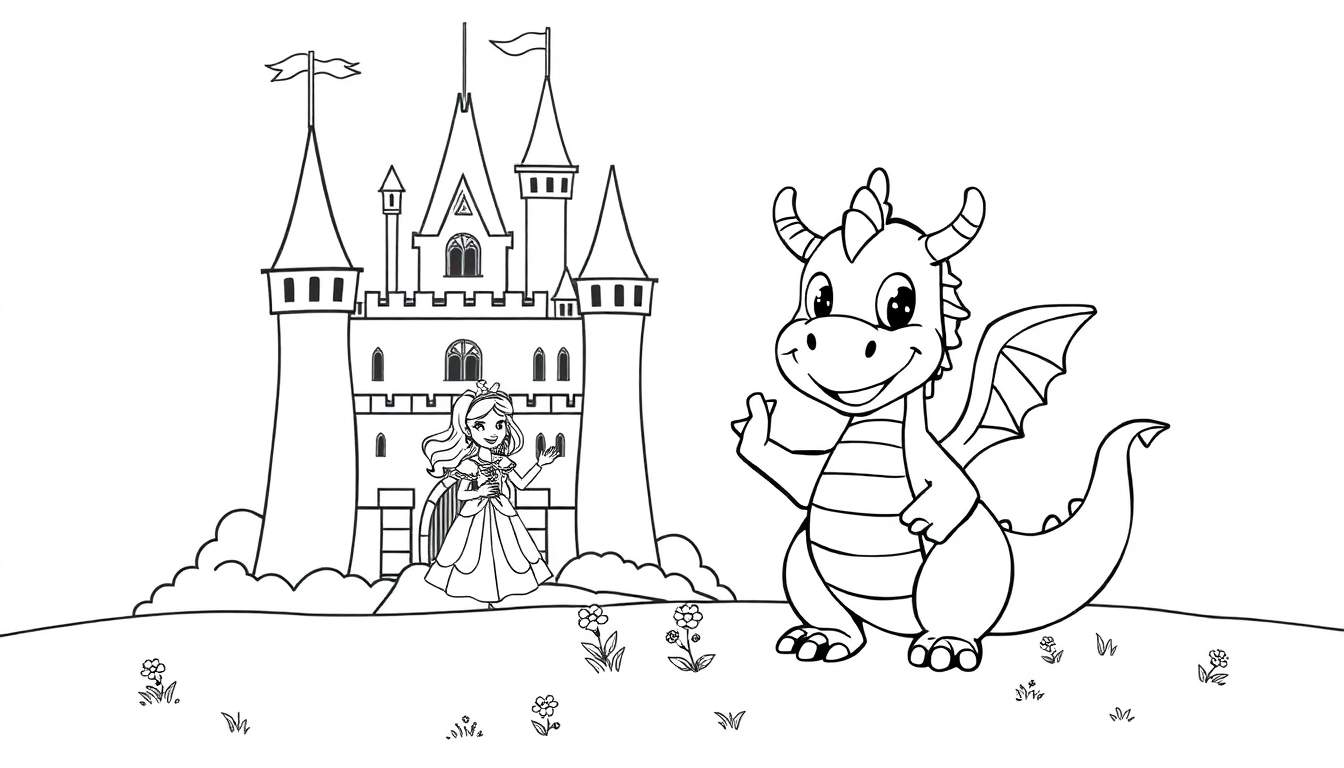 Placa de color de un castillo de cuento de hadas con una princesa y un dragón amigable.